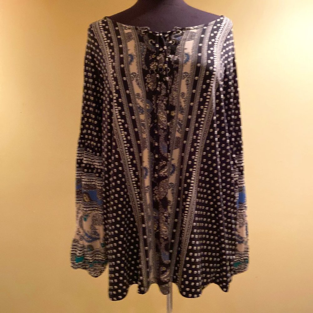 Style & Co Plus Size Blue Lace-Up Neck Printed Top